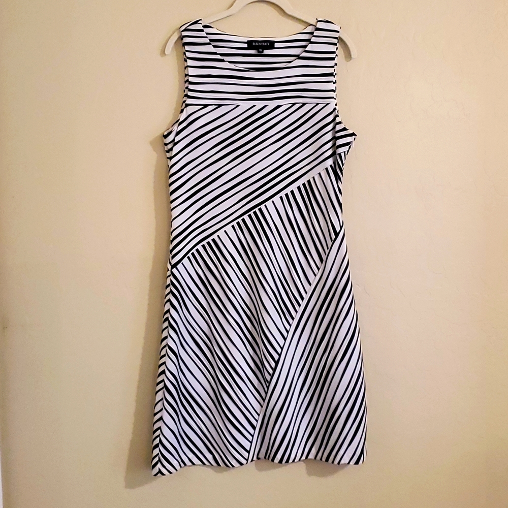 Ellen Tracy Black and White Striped Sleeveless Midi Dress Size 10
